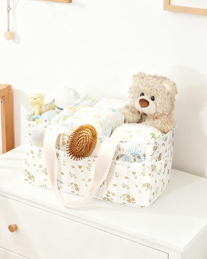 BuyCard Floral Baby Diaper Caddy Organizer, Large Quilted Nursery Storage Basket with Handle, Gift for Baby Shower, Newborn Parents Gift