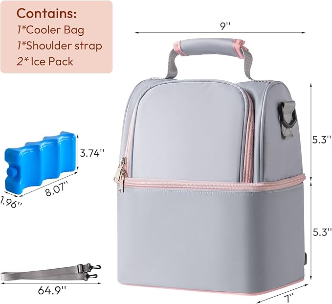 NCVI Breastmilk Cooler Bag with 2 Ice Pack, Breast Pump Bag with Cooler Fits 6 Bottles, Double Layer Breast Milk Baby Bottle Cooler Bag, for Travel, Nursing Mom Daycare, Work, Picnic (Grey)