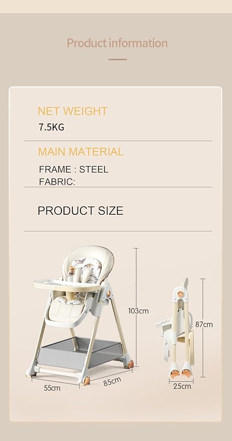 Magic ZC PU Leather Highchair, Adjustable Baby High Chair, High Chairs for Babies and Toddlers, Easy to Fold Baby Chair (808 Khaki)
