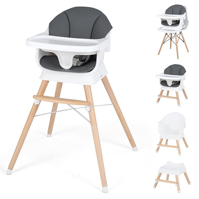 BABY JOY High Chair, Convertible Wooden Highchairs for Babies and Toddlers, Converts to Booster Seat & Stool with Adjustable Legs, Removable Tray, Safety Harness, Waterproof PU Cushion (Gray)
