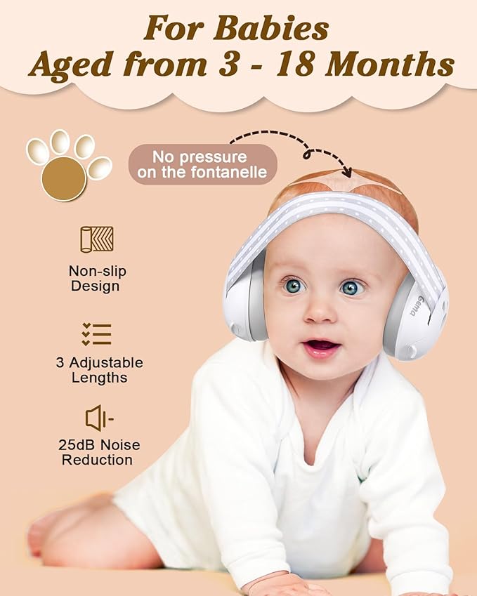 Lilian&Gema 2-in-1 Baby Ear Muffs Noise Protection up to 48 Months - Baby Airplane/Travel Essentials - Adjustable Noise Reduction Earmuffs - Ear Protection Headphones for Infant & Toddler, White