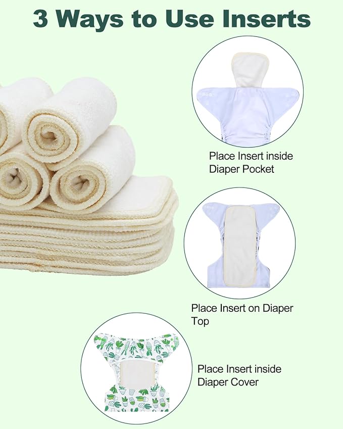 Babygoal Baby Cloth Diaper Inserts 12pcs,Reusable 3 Layer Rayon from Bamboo Inserts for Cloth Diapers and Diaper Covers