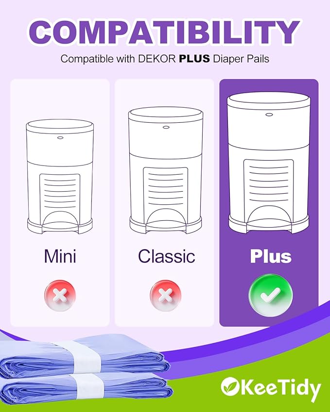 Diaper Pail Refill Bags Compatible with DEKOR PLUS Diaper Pails, 20% Extra Length Diaper Bags Disposable with Lavender Flavor, Holds up to 3564 Diapers, 6 Pack