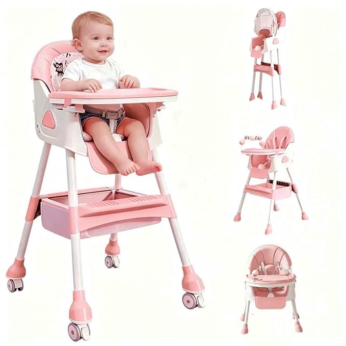 Portable Baby High Chair for Babies & Toddlers, Easy-Clean Multi-Use Feeding Chair with Lockable Wheels & Toy Storage Basket-Pink