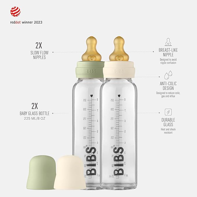 Bibs Baby Glass Bottle | Anti-Colic Borosilicate Glass Bottles | Natural Vented Round Natural Rubber Latex Nipple | Consistent Flow Rate | 7.6 oz/225 ml | 2 Pack | Ivory/Sage