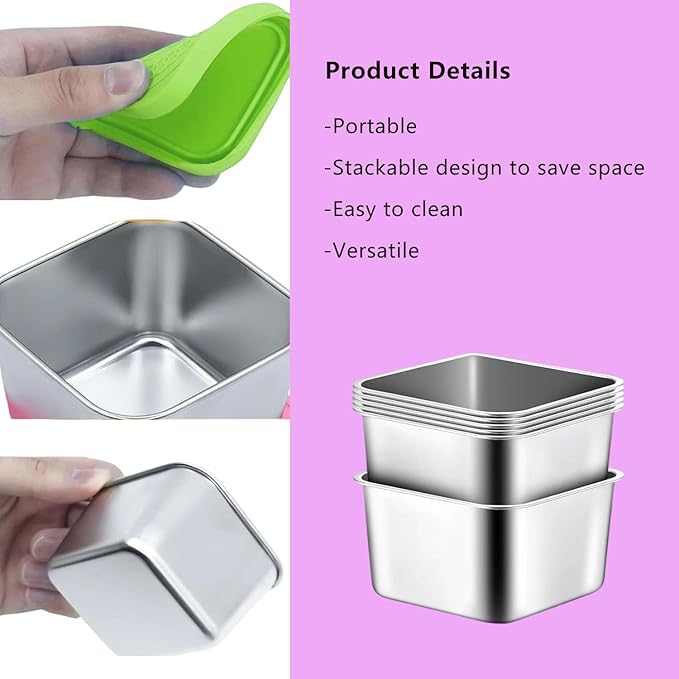 304 Premium Stainless Steel Snack Containers with Silicone Lids, Snackle Box Containers, Easy-Open Leak-Proof Kids for Taking Out for a Picnic, Lunch Box and Travel. (All-6, 6 OZ)