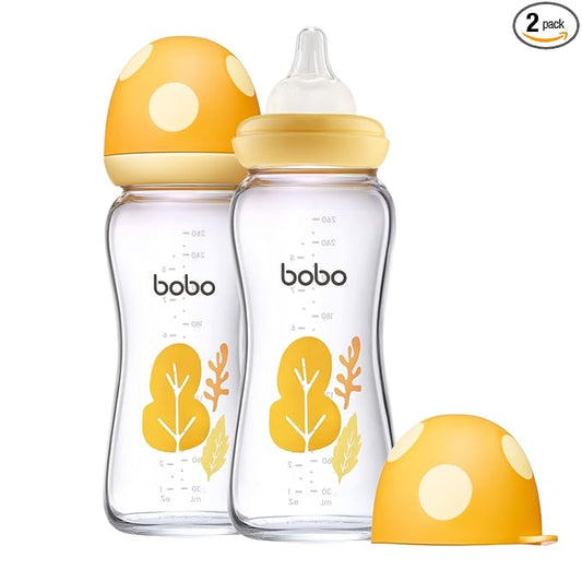 YOHKOH Natural Glass Baby Bottle with Level 2 Medium Flow Nipple, Newborn Anti-Colic Baby Bottles, Wide Neck Mushroom Baby Glass Bottle (8.8oz (Pack of 2), Yellow)