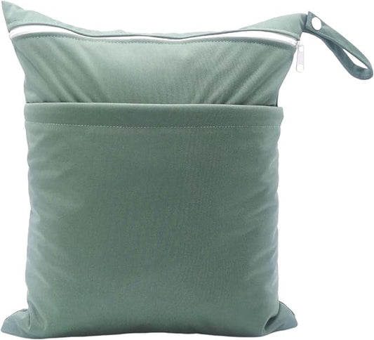 Wet Dry Bag for Baby Cloth Diapers, Waterproof Reusable with Two Zippered Pockets Travel Beach Pool Soiled Baby Items Yoga Gym Bag for Swimsuits or Wet Clothes (Dark Green)
