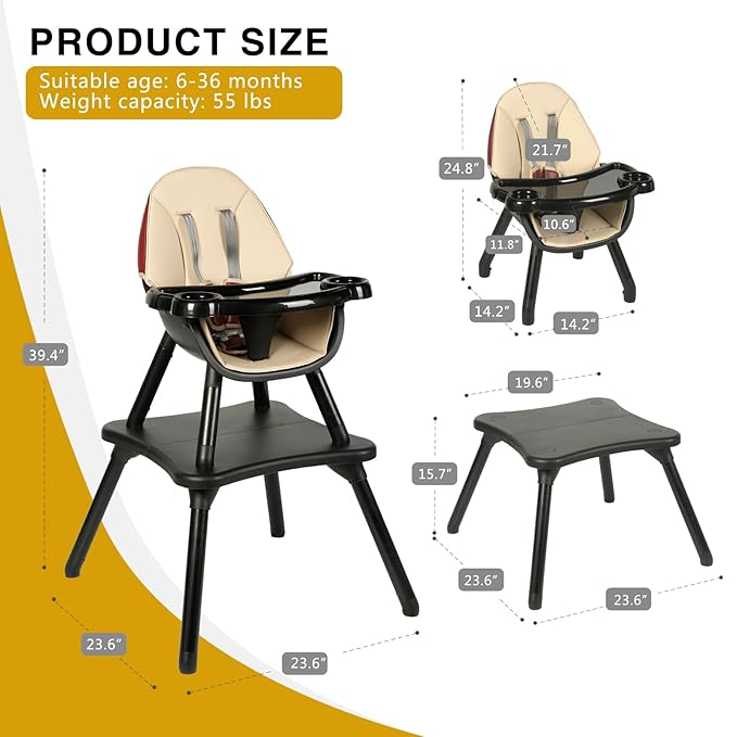 Gofirst 6 in 1 Baby High Chair,Convertible High Chairs for Babies and Toddlers/Booster Seat/Table and Chair Set,Babies Feeding Chair/5-Point Harness,4-Position Removable Tray&PU Cushion Baby Highchair