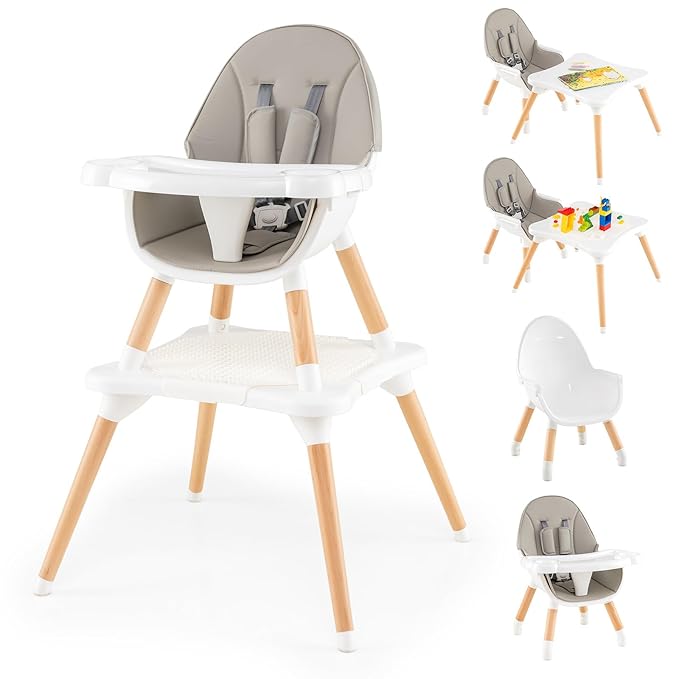GLACER High Chair, 6-in-1 Convertible Wooden High Chairs for Babies and Toddlers w/Building Block Table, 5-Point Safety Harness, Removable Tray, PU Cushioned Baby High Chair for 6-36 Months (Grey)