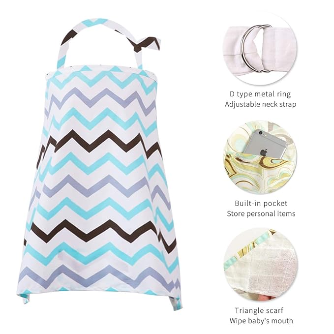 SONARIN Stripes Premium Breastfeeding Nursing Covers,4 in 1 Multifunction,with Storage Bag & Towel Corners,Nursing Scarf,Breathable & Lightweight(Blue & Grey)