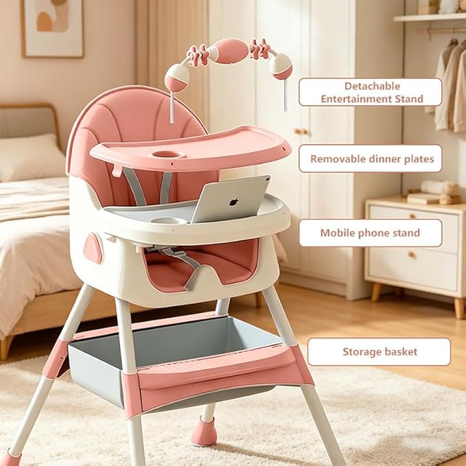 Portable Baby High Chair for Babies & Toddlers, Easy-Clean Multi-Use Feeding Chair with Lockable Wheels & Toy Storage Basket-Pink