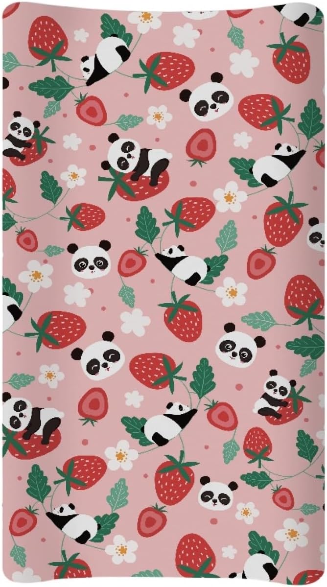 GOSTONG Panda Strawberry Changing Pad Cover for Toddler Baby Girls Boys Diaper Change Table Sheet Cover Replacement Stretchy Changing Table Covers Soft Breathable