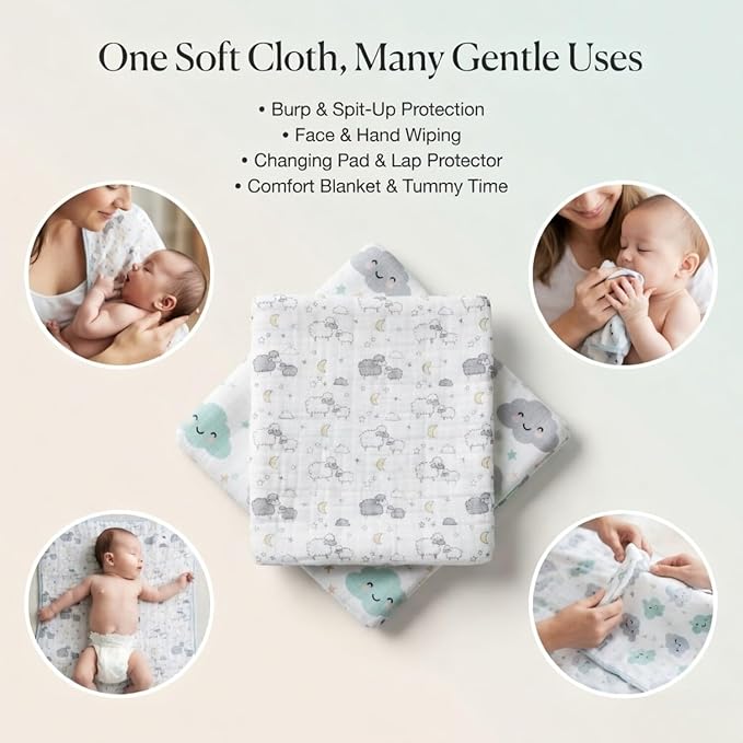 EVERYDAY KIDS 12 Pack Burp Cloths for Baby Boys and Girls - Sheeps, Clouds and Stars