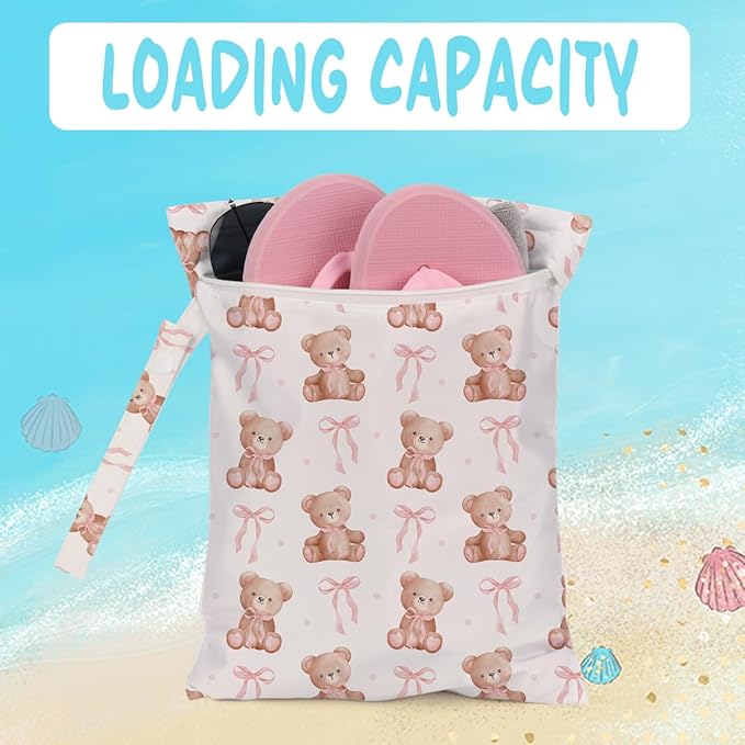 Wet Bag for Baby Swimsuit Kids Wet Dry Bag for Breast Pump Parts Diaper Bag Toiletries Daycare Organizer Beach Vacation Essentials Bear Pink Bow Travel Laundry Bags