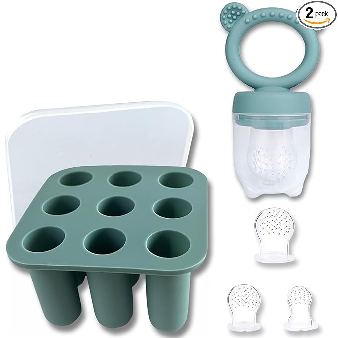 JEXFUN Silicone Baby Fruit Food Feeder Pacifier & Breastmilk Popsicle Freezer Molds, Baby Food Storage Containers Breast Milk Ice Cubes for Baby Teething & Infant Self Feeding, BPA Free (Blue)