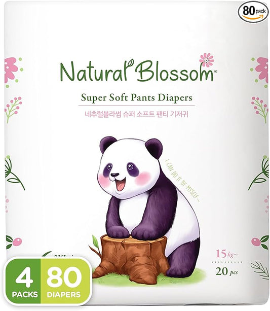 Natural Blossom Pull-On Baby Diapers | Ultra-Slim, Hypoallergenic, Super Soft, Vegan | Size 6 (4T-5T, 33 lbs+) | 80 Count