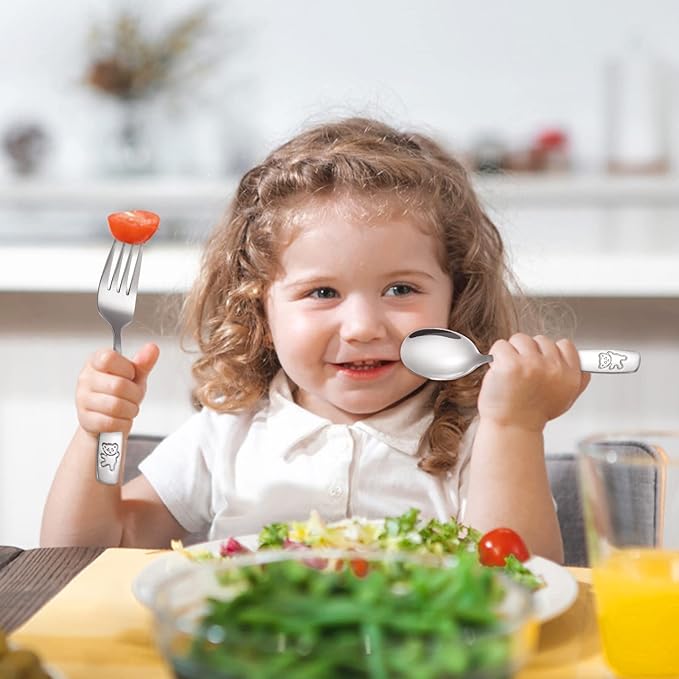 Pimoys 6 Pieces Toddler Utensils Kids Silverware Stainless Steel Toddler Forks and Spoons Set, Metal Children's Safe Flatware Kids Cutlery Set, 3 x Child Forks, 3 x Children Spoons