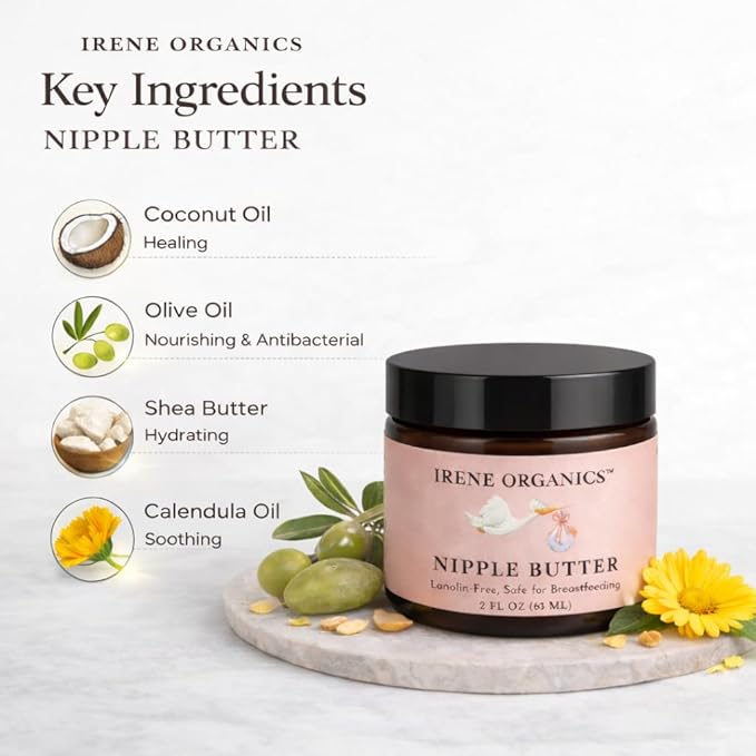 Irene Organics Organic Nipple Balm – Lanolin-Free Nipple Cream for Breastfeeding Moms – Natural Relief for Dry, Cracked Nipples – Safe for Nursing & Pumping, 2oz