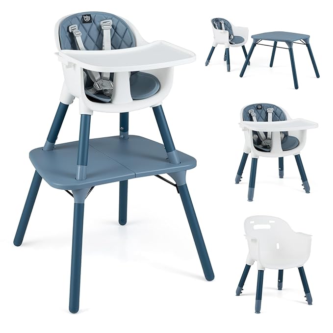 BABY JOY High Chair, 5 in 1 Convertible Highchair for Babies & Toddlers | Booster Seat | Table and Chair Set | Infant Feeding Chair with Removable Tray, Safety Harness, Removable Cushion (Blue)
