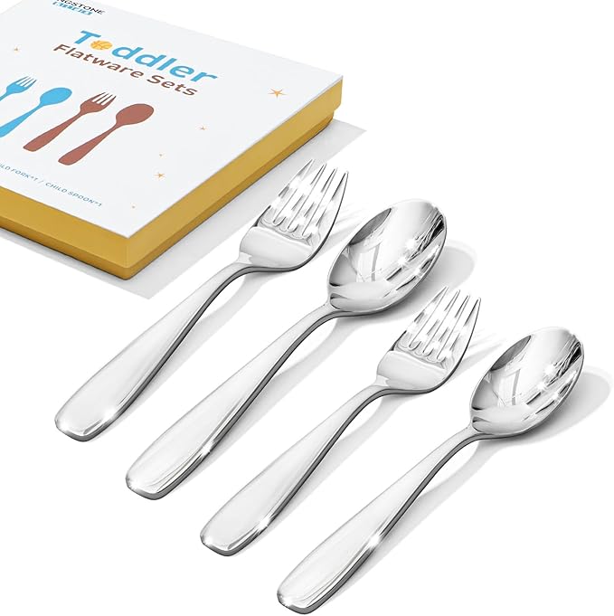 KINGSTONE Toddler & Kids Utensils Set - Large + Small 18/10 Stainless Steel Fork & Spoon, 4-Piece Food-Grade Kids Transition Silverware, Mirror Polished, Dishwasher Safe for Home & School