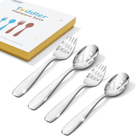 KINGSTONE Toddler & Kids Utensils Set - Large + Small 18/10 Stainless Steel Fork & Spoon, 4-Piece Food-Grade Kids Transition Silverware, Mirror Polished, Dishwasher Safe for Home & School