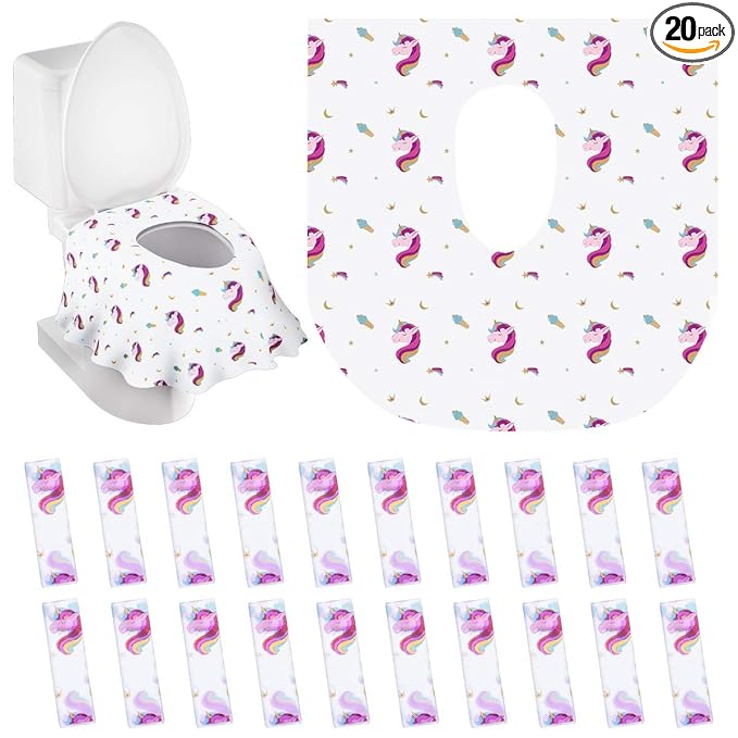 PaperKiddo 20 Pack Disposable Toilet Seat Covers Unicorn Design Waterproof Potty Training Seat Cover Set Extra Large Perfect for Kids and Adults Individually Wrapped for Travel and Home