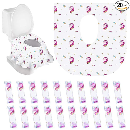 PaperKiddo 20 Pack Disposable Toilet Seat Covers Unicorn Design Waterproof Potty Training Seat Cover Set Extra Large Perfect for Kids and Adults Individually Wrapped for Travel and Home
