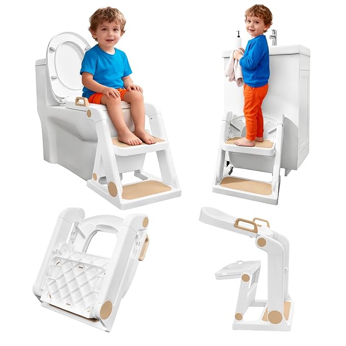 Potty Training Seat, Primlect Upgrade Toddler Toilet Seat for Kids Boys Girls, 2 in 1 Potty Training Toilet with Step Stool, Adjustable Seat and Ladder, Non-Slip Pad, Splash Guard (M-Brown)