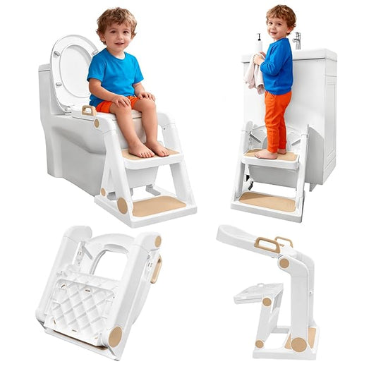 Potty Training Seat, Primlect Upgrade Toddler Toilet Seat for Kids Boys Girls, 2 in 1 Potty Training Toilet with Step Stool, Adjustable Seat and Ladder, Non-Slip Pad, Splash Guard (M-Brown)