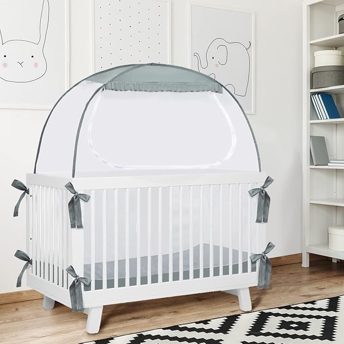 L RUNNZER Baby Crib Tent, Pop Up Crib Canopy to Keep Baby from Climbing Out, Safety Crib Net Mosquitoes Net with See-Through Mesh, Fits Most Standard Cribs