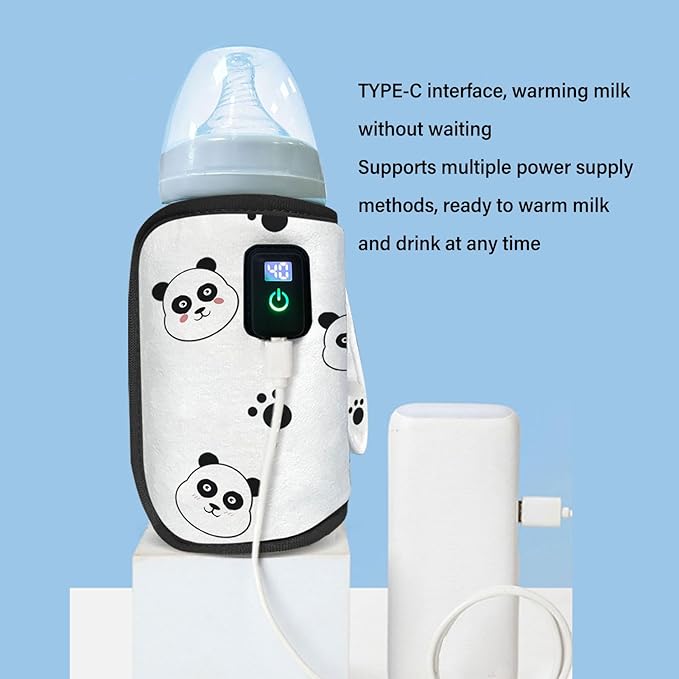 CDQL Portable Bottle Warmer Sleeve, Cute Panda Pattern Design, USB Milk Heat Keeper, Adjustable Milk Warmer with 21 Level Temperature Control, Bottle Warmer for Car, Travel