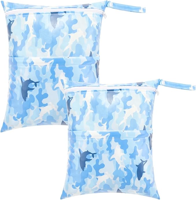 2-Pack Baby Wet Dry Bags Waterproof Reusable Diaper Bags with Two Zippered Pockets Travel Beach Pool Gym and Yoga Bag for Cloth Diapers Wet Clothes Swimsuits and Breast Pump Parts (Dolphin Small)