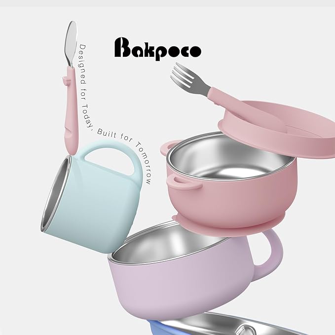 Bakpoco Kids Dinnerware Set - 6 Piese Toddler Plates and Suction Bowls Set with Kids Utensils&Cup, 2 IN 1 Stainless Steel & Silicone Baby Self Feeding Supplies, Lilac& Blush&Sage
