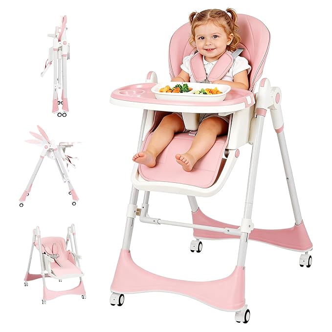 3-in-1 Baby High Chair | Convertible Baby High Chair for Babies and Toddlers | Brake Wheels, Easy Clean, Space Saving | Adjustable, Removable Tray (Pink)
