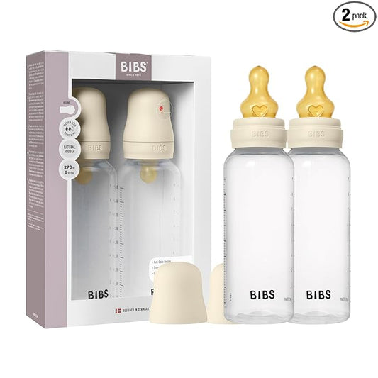 BIBS Baby Bottle 9 oz / 270 ml Natural Rubber Latex Nipple 2 Pack - Anti-Colic, BPA-Free, Round Nipple, Medium Flow, Lightweight & Easy to Clean, Suitable for Newborns 0+ Years - Ivory