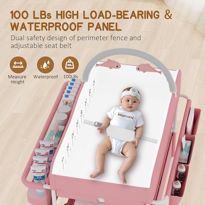 Diaper Changing Station, Portable Changing Table for Baby, Diaper Changing Table with Storage Drawers, Waterproof Baby Changing Station with Wheels and Adjustable Height for Newborn Infant (Pink)