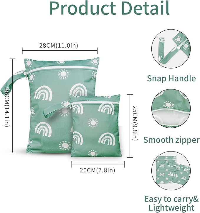 2 Pcs Wet Bags Waterproof Reusable Zippered Pocket Cloth Diaper Wet Dry Bags for Travel Beach Pool Swim, Baby Diapers,Gym Yoga Wet Clothes,Swimsuit,water wipes(Rainbow Green)