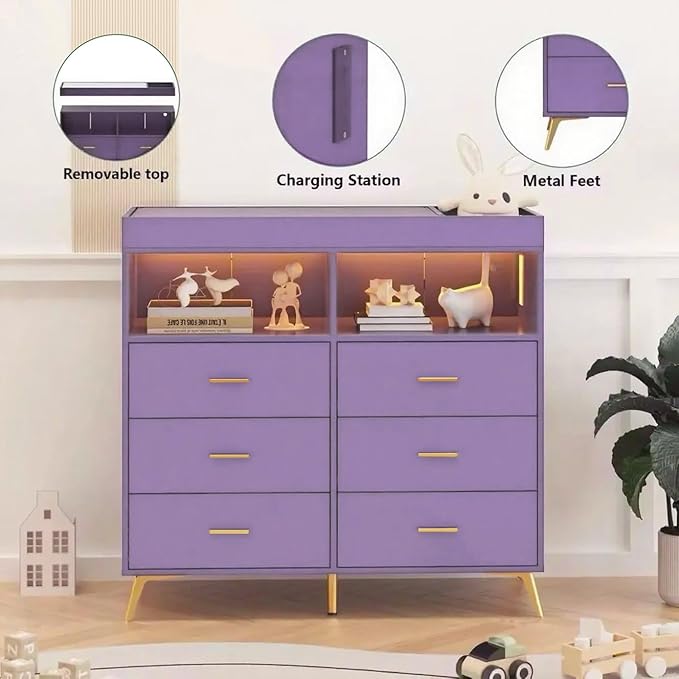 Jojoka Nursery Changing Table Dresser with LED Lighting and Charging Function, 6 Drawer Storage Dresser with 2 Open Compartments, Convertible Baby Diaper Station for Nursery and Bedroom Use