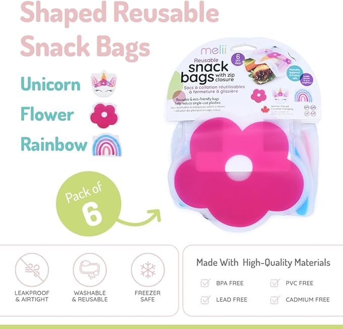 melii Shaped Reusable Snack Bags. Pack of 6 Leakproof Bags for Sandwiches, Snacks, Food Storage and More - Unicorn, Flower, Rainbow