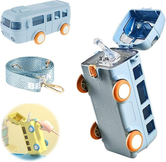 2023 New Portable Bus Shape Water Bottle, 16 OZ, 360 Leak-Proof, Kids Travel Bottle with Straw and Strap, Bounce Flip Top, Blue