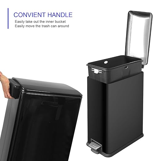 12 Gallon Kitchen Trash Can, Stainless Steel Trash Can with Removal Inner Bucket and Soft-Close Lid, Foot Pedal Trash Bin for Home Office, Narrow Place, 45 Liter, Shiny Black