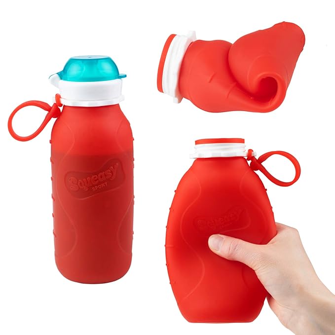 Red 16 oz Squeasy Snacker Spill Proof Silicone Reusable Food Pouch - for Both Soft Foods and Liquids - Water, Apple Sauce, Yogurt, Smoothies, Baby Food - Dishwasher Safe