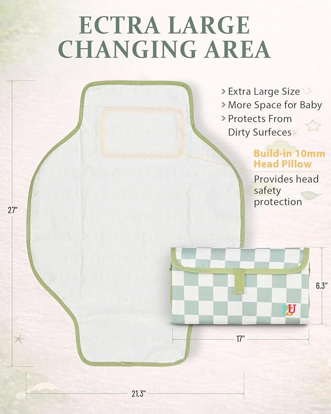 PZU Portable Diaper Changing Pad - Waterproof Travel Changing Mat with Built-in Pillow, Gifts for Baby Shower, Newborn Girls & Boys（Sage Checkers）