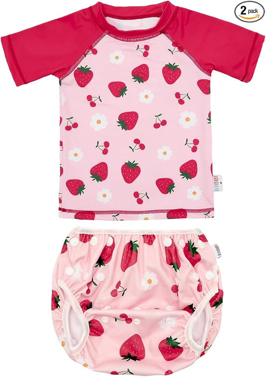 ALVABABY Baby Girl Swimsuit, 2-Piece Infant Toddler Bathing Short Sleeve Swimwear, Large Baby Reusable Swim Diaper with Matching Top