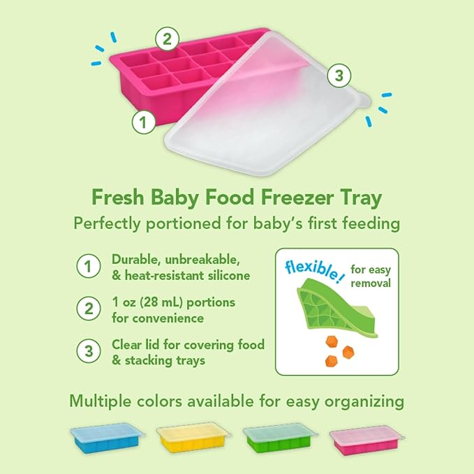 green sprouts Fresh Baby Food Freezer Tray made from Silicone | Perfectly portioned for baby's first feedings | Clear lid for covering food & stacking trays, Flexible for easy removal, Dishwasher safe