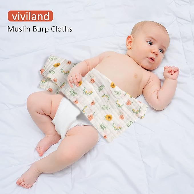 Baby Muslin Burp Cloths, 100% Cotton Burping Cloths Super Absorbent Soft, Bath Towel Burp Cloths for Baby Girl Boy, Great Gift for Newborn, 10 x 20 inch, 4 Pack, Leaves & Flowers