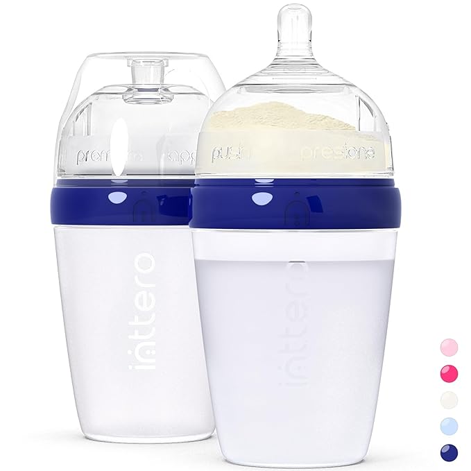 Baby Bottles with Built-in Formula Dispenser, Anti-Colic Wide Neck Design for Newborn Feeding and Everyday Baby Essentials, 9 Oz Medium Flow (2 Pack), Modern Blue