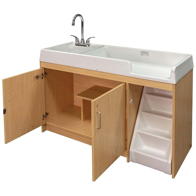 Tot Mate Toddler Diaper Changing Table with Stairs (Right) and Sink (Left) - Ideal Infant Changing Station for Home, Nursery, Daycare - 59-1/2" Wide, Assembled Baby Changer (Maple)