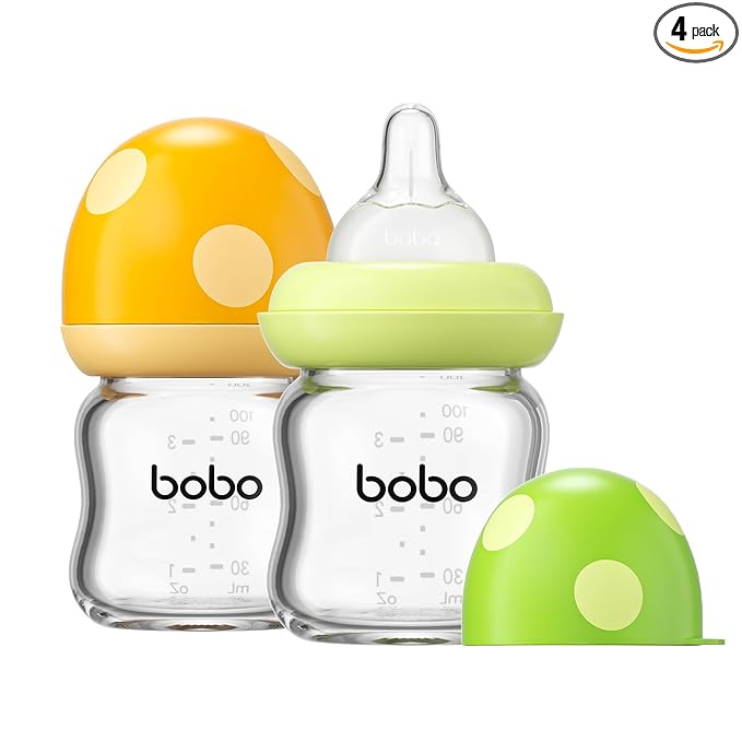 YOHKOH Natural Glass Baby Bottle with Level 1 Slow Flow Nipple, Newborn Anti-Colic Baby Bottles, Wide Neck Mushroom Baby Glass Bottle (Multicolour1, 3.4oz (Pack of 2))
